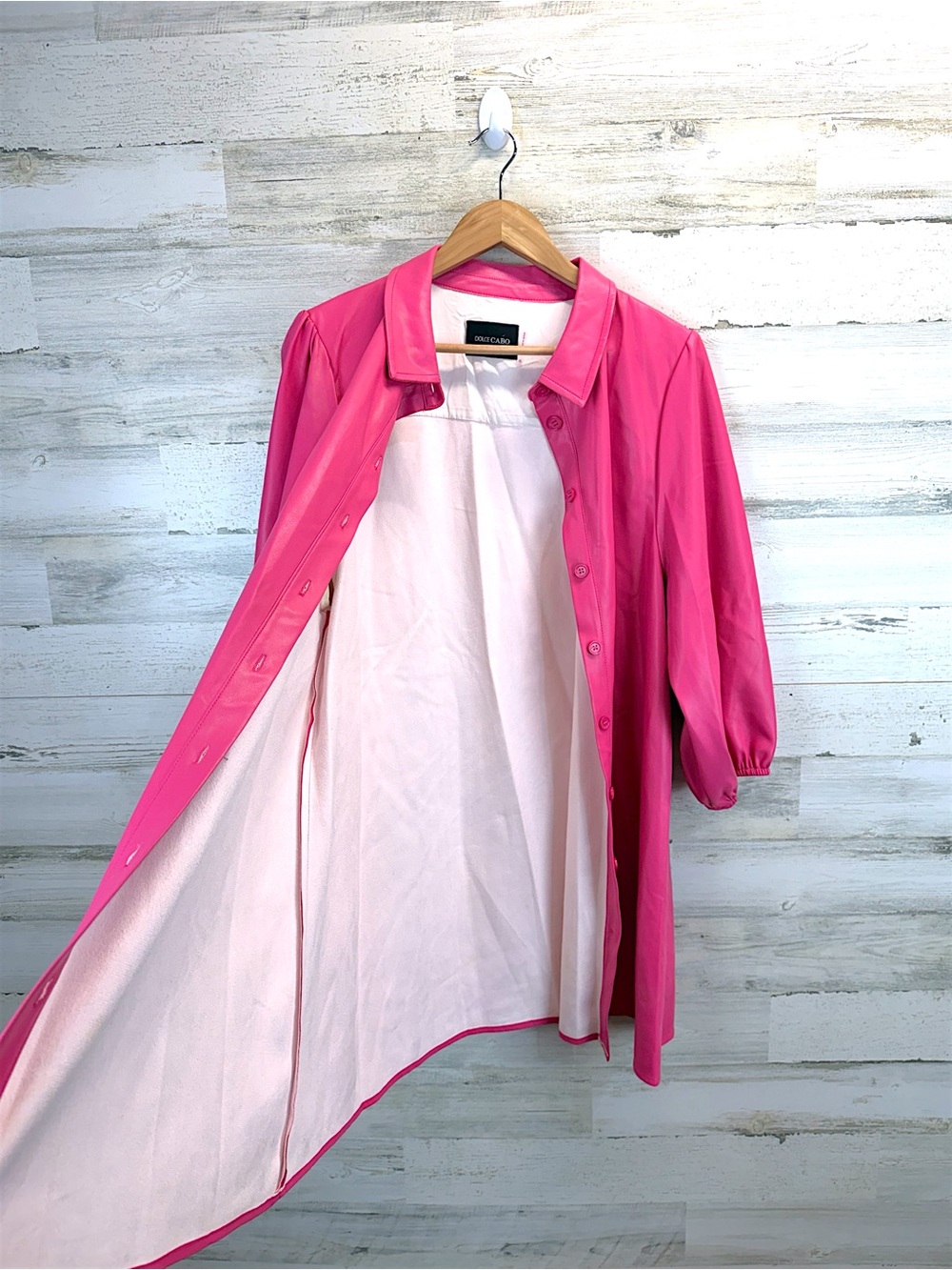 Dolce Cabo Pink Faux Leather Shirt Dress Puff Sleeve Mini XL - Picture 11 of 13